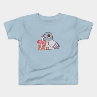 Cute Pigeon Drinking Bubble Tea Kids T-Shirt